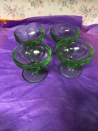 Vintage Green Vaseline Depression Glass Flower Optic Sherbet Cups Set Of 4 Rare