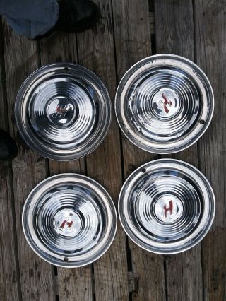 4 Vintage Hudson Hornet Metal Hubcaps Wheel Covers 15 " 1950,  S Rare Red H