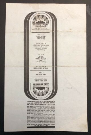 Fillmore East Grateful Dead Byrds Very Rare Tues Night Flyer January 1970