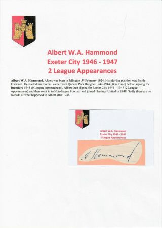Albert Hammond Exeter City 1946 - 1947 Rare Autograph