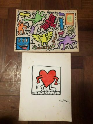 Keith Haring Artwork Watercolor Drawings On Paper Signed Rare