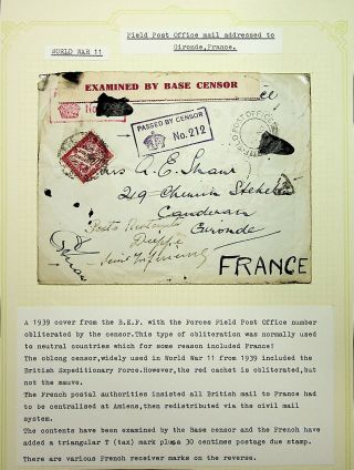 France World War Ii Rare Fpo Base Censor B.  E.  F.  Redirected 