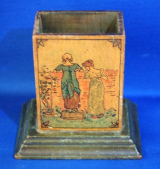 A Rare Kate Greenway Style Hand Painted Wooden Matchbox Cover,  Young Ladies