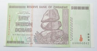 Rare 2008 50 Trillion Dollar - Zimbabwe - Uncirculated Note - 100 Series 725