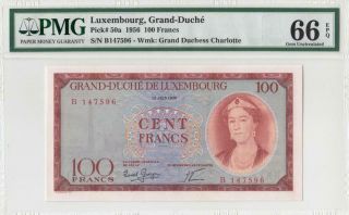 1956 Grand Duche De Luxembourg 100 Francs Rare ( (pmg 66 Epq))