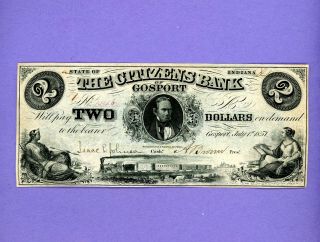 1857 $2 State Of Indiana The Citizens Bank Of Gosport Rare Crisp Unc Note