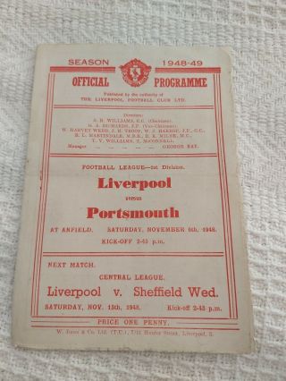 Liverpool Fc V Portsmouth Nov 6th 1948 Div 1 And Very Rare