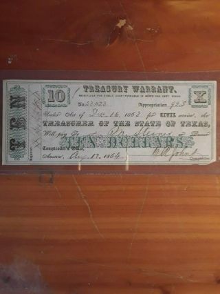 (e - 3129) Very Rare 1864 State Of Texas $10 Treasury Note -
