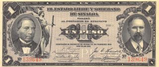 México / Sinaloa 1 Peso 22.  2.  1915 Series D Rare Uncirculated Banknote