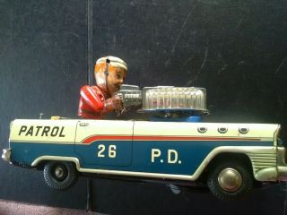 Rare Htf Vintage Tin Litho Patrol P.  D.  Car With Man And Machine Gun B.  Op