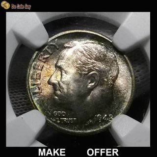1948 S Roosevelt Silver Dime 10c,  Ngc Ms66 Ft,  Rare Rainbow Toning