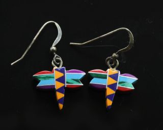 Rare Vintage Native American Zuni Turquoise Inlay Dragonfly Sterling Earrings