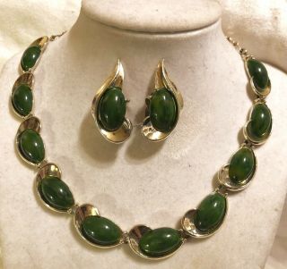 Rare Vintage Signed Charel Demi Parure Green Domed Bakelite Necklace Earrings