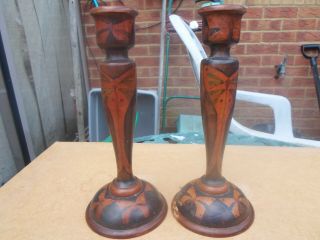 Rare Dryad Leicester Arts And Crafts Hand Painted Wooden Candlesticks