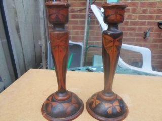 Rare Dryad Leicester Arts and Crafts Hand Painted Wooden Candlesticks 2