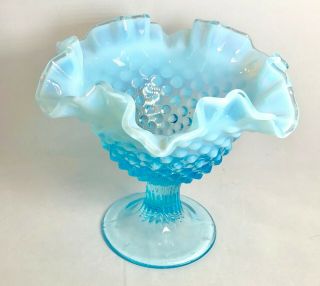 Vintage Rare Fenton Blue,  White Hobnail Footed Candy / Compote Pretty