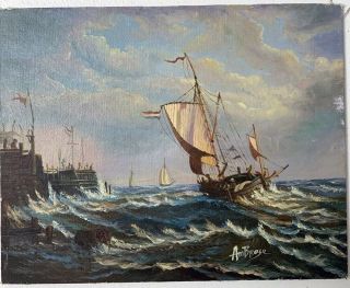 Rare Signed John Ambrose Clipper Ships Seascape Oil On Canvas Painting