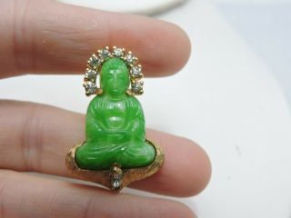 Vtg.  Jomaz Peking Glass Jade Sitting Buddha W/clear Rhinestones Pin Brooch Rare