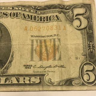 1963 $5 Dollar Bill Rare Error Orange/yellow Seal Serial