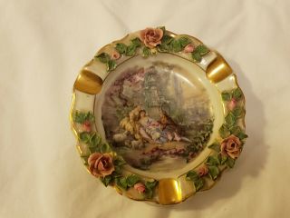 Unique Rare Dresden Porcelain Ashtray Trinket Dish Romantic Scene Roses Gold