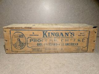 Rare Vtg Kingans 5 Lbs Process American Cheese Wood Box Brick Blue Graphics