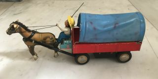 Rare 60s Red China Shanghai Me 641 Tin Battop Country Horse Cart 1st Edition Vgc