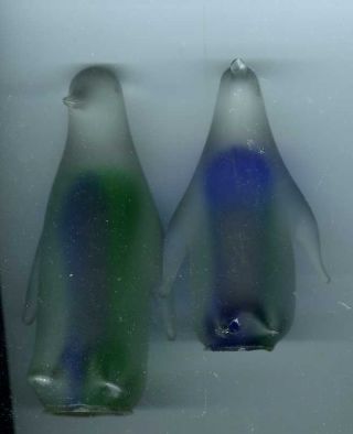 (2) Cenedese Murano Hand Blown Glass Penguins Frosted Green & Blue Rare