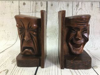 Rare Vintage Hand Made Carved Wooden Theater Happy & Sad Face Shelf Book Holders