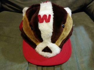 Old Vintage Wisconsin Badgers Game Hat Cap Bucky Face Head Teddy Bear Plush Rare