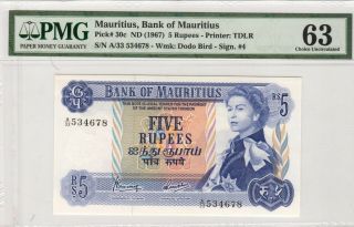 Rare 1967 Mauritius 5 Rupees " Queen Elizabeth Ii " Pmg63 Unc