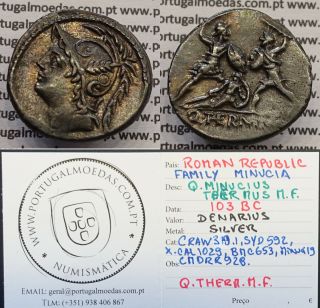 Rare Q.  Minucius Thermus Mf Ar Denarius.  103 Bc,  Of The Family Minucia