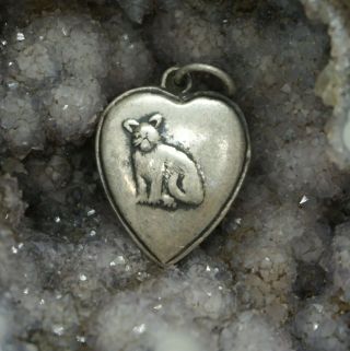 Ultra Rare Vintage Sterling Silver Sweet Kitty Cat Puffy Heart Bracelet Charm