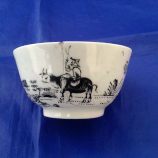RARE WORCESTER SCRATCH CROSS PENCILLED BOY ON BUFFALO BOWL c1755 CAUGHLEY BOW 3