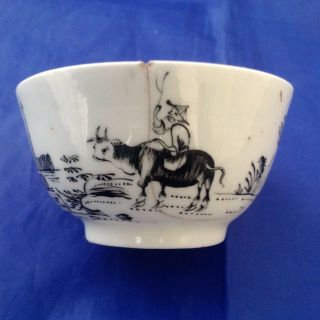 RARE WORCESTER SCRATCH CROSS PENCILLED BOY ON BUFFALO BOWL c1755 CAUGHLEY BOW 8