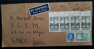 Rare 1956 Canada Airmail Cover Ties 6 Stamps Haute Ville Quebec W Customs Label
