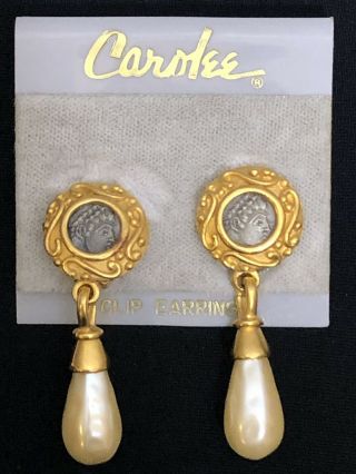 Rare Vintage Signed Carolee Roman Coin Faux Pearl Dangle Drop Earrings
