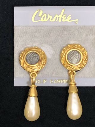 Rare Vintage Signed Carolee Roman Coin Faux Pearl Dangle DROP Earrings 2