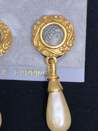 Rare Vintage Signed Carolee Roman Coin Faux Pearl Dangle DROP Earrings 3