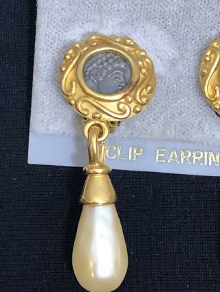 Rare Vintage Signed Carolee Roman Coin Faux Pearl Dangle DROP Earrings 4