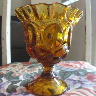 LE Smith Moon and Stars Amber Vintage Rare Crimped Compote Glass 3