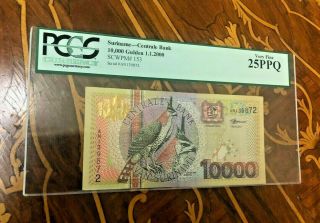 Suriname 10000 Gulden P153 2000 Millennium Bird Rare Bank Note Pcgs 25ppq