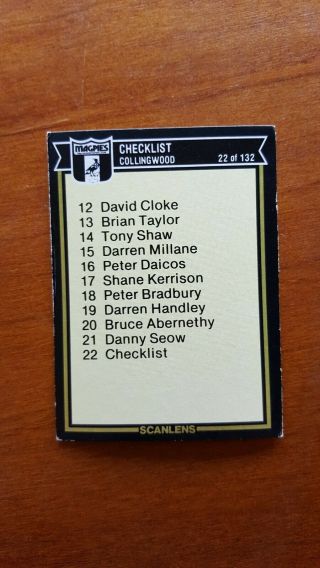 Rare 1987 Scanlens Collingwood Magpies Checklist Trading Card 22/132 Afl Vfl