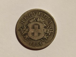 1851 Rare Date Switzerland 20 Rappen Billon (0.  15) Silver Coin Swiss Helvetia