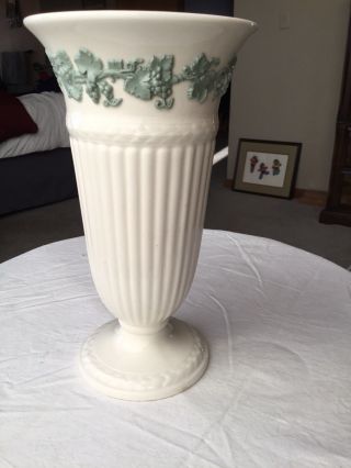 Rare Wedgwood Queensware Cream On Green Embossed Vase 8.  5 " Tall,