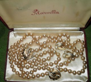 Rare Vintage Marvella Champagne Pearl - Necklace Bracelet Earrings Set