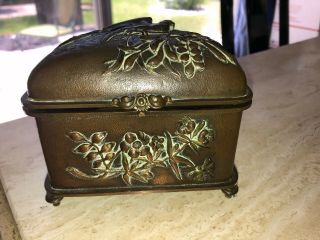 Rare Antique French Copper Plated Gilded Jewelry Box Birds and Flowers 19th c 2
