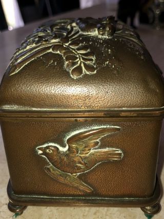 Rare Antique French Copper Plated Gilded Jewelry Box Birds and Flowers 19th c 6