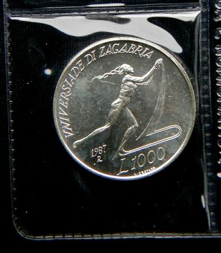1987 San Marino Rare Silver Coin 1000£ Yugoslavia Winter Olympic Unc Plastic Box