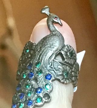 Antique Sterling Silver Peacock Jeweled Baby Child Ring Rare 4