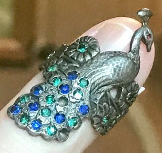 Antique Sterling Silver Peacock Jeweled Baby Child Ring Rare 5